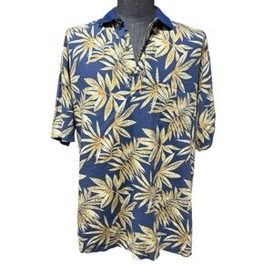 Tori Richard Vintage Y2K Polo Style Hawaiian Shirt Large Tropical Navy Tan Retro